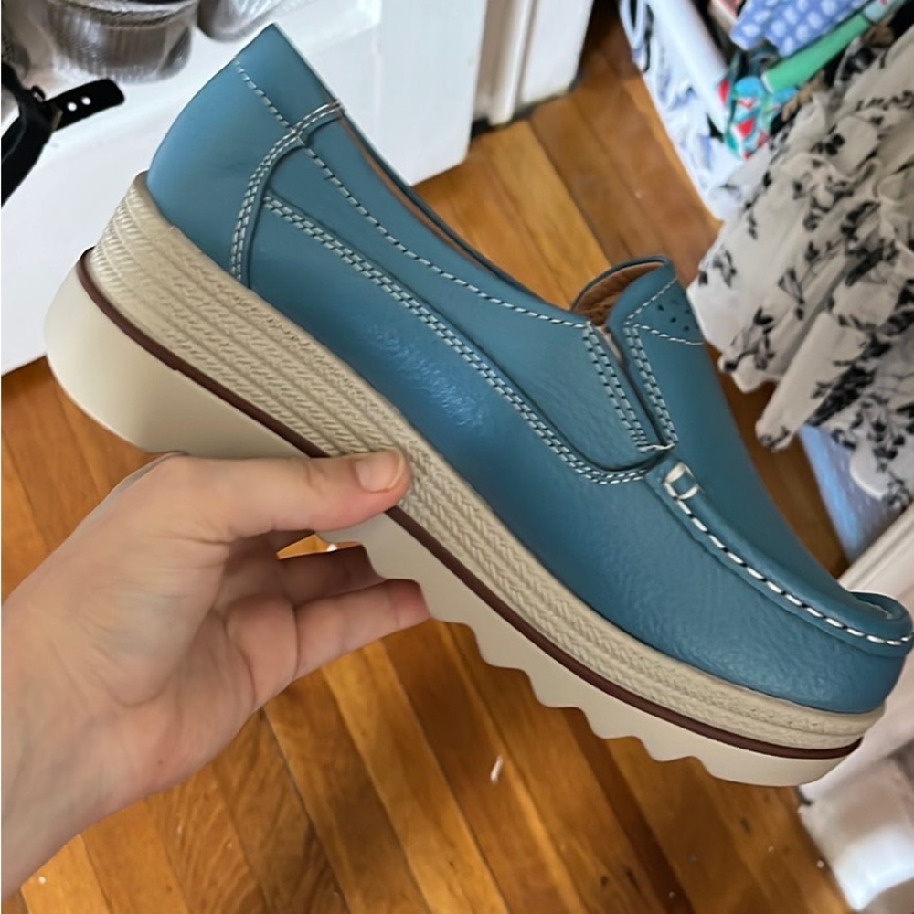 Unique blue women’s wedge/ loafers - never worn